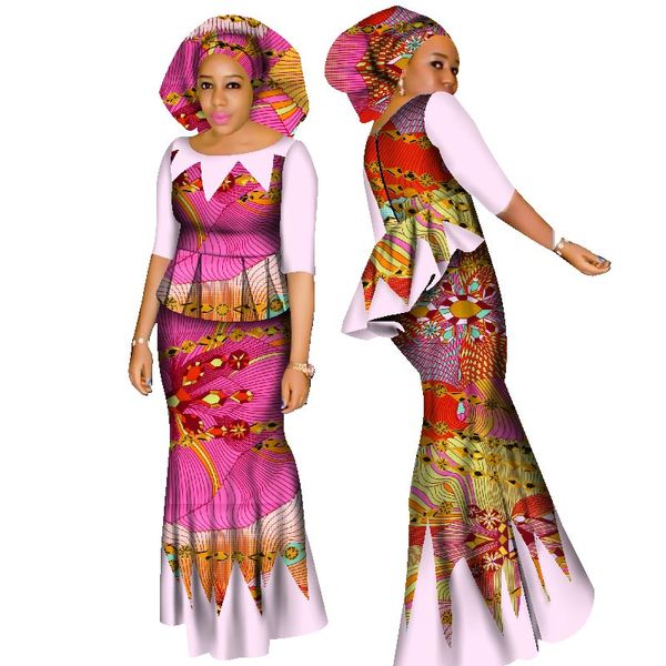 

BRW African Dashiki Crop Top and Skirt Set African Clothing for Women Cotton Ruched Two Piece Skirt Set Free Head Scarf WY1437, 15
