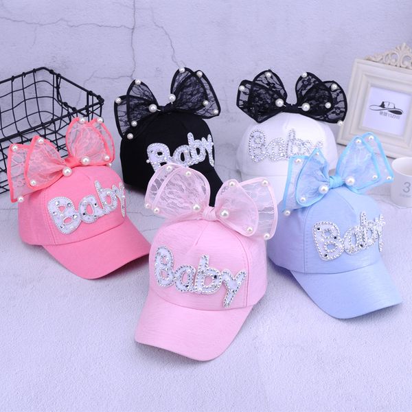 

10 styles cute summer baby rabbit ears sun hat newborn adjustable net hats baby big bow baseball cap with pearl decor, Yellow