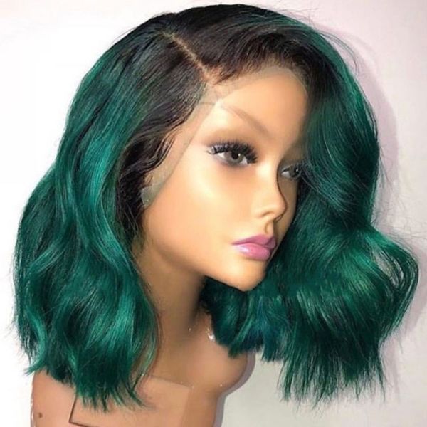 Parrucche Bob afroamericane ondulate stile moda Lunghezza spalle corte Ombre Parrucca anteriore in pizzo verde Capelli sintetici resistenti al calore Per donne nere