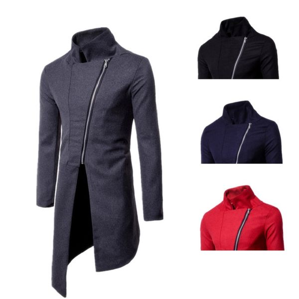 

2018 new men's fashion personality pure color self-cultivation asymmetrical zip-wool coat, Tan;black
