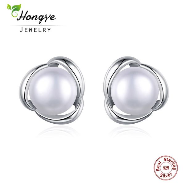 

hongye high luster anti allergic 925 sterling silver natural freshwater pearl stud earrings for women wedding charm jewelry gift, Golden;silver