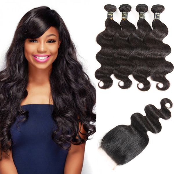 Cabelo de cabelo virgem indiano de onda de cabelos humanos tecer 4 feixes com tramas duplas de fechamento de renda 4x4 com fechamento de tecidos Extensões quentes