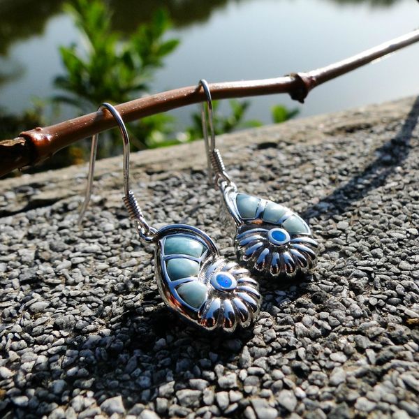 

dj ch original dominican larimar gemstone opal earrings conch shape 925 sterling silver orecchini pendenti eardrop earrings, Golden;silver