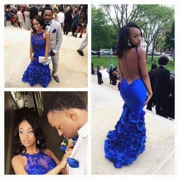

halter backless floral trained lace appliqued royal blue open back mermaid evening prom dresses vestidos longos para formatura, Black;red