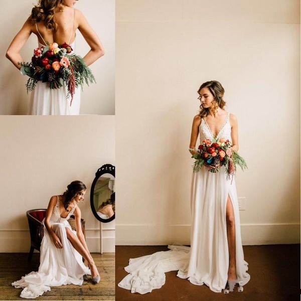 

2018 new country style v neck bohemian wedding dresses lace pearls split chiffon long boho beach bridal gowns, White