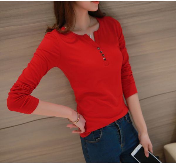 

v-neck solid tee shirt femme t-shirt autumn tee female tshirt long sleeve button tshirts casual large size 2019 mujer f0149, White