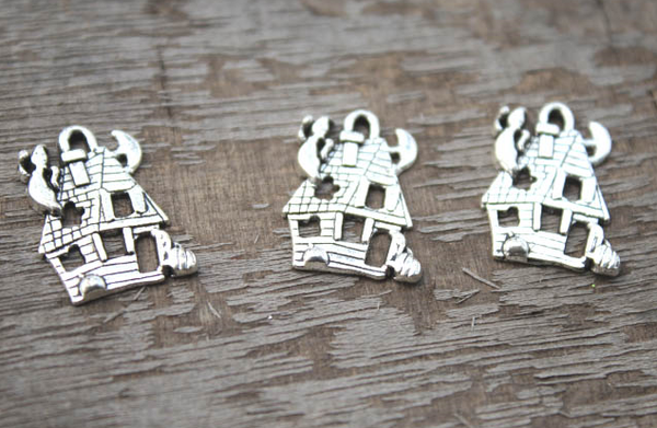 silver haunted house pendants 24x19mm 12pcs--Halloween haunted house charms
