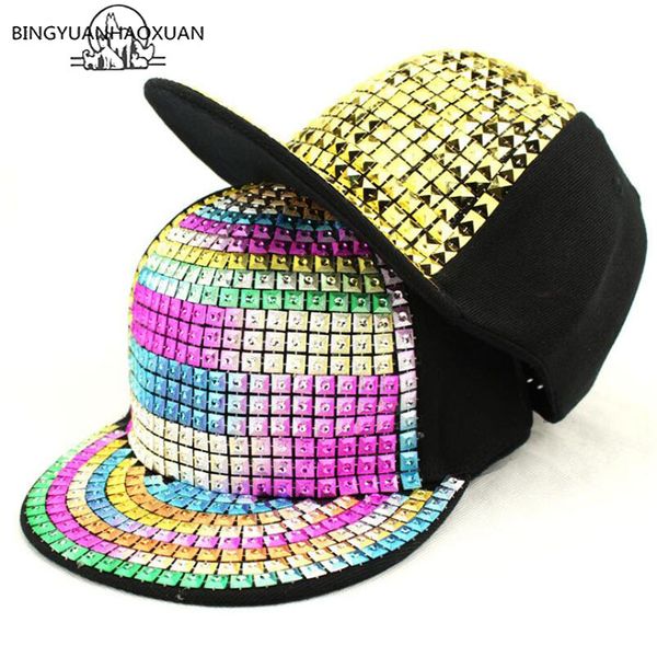 

bingyuanhaoxuan kids fashion rivet hip hop snapback hats gold silver crystal brand baseball cap luxury parent-child cap gorras, Blue;gray