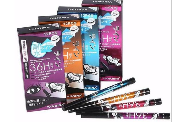 YANQINA 36 H Makyaj Eyeliner Kalem Su Geçirmez Siyah Eyeliner Kalem Hiçbir Çiçeklenme Hassas Sıvı Eyeliner 12 adet / kutu DHL kargo