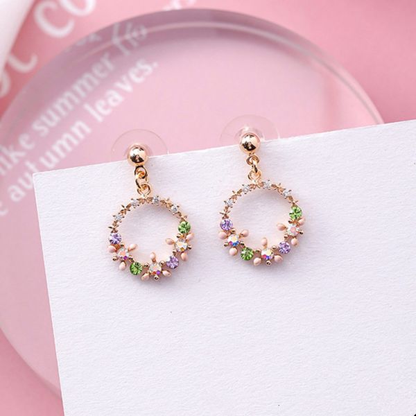 

new simple temperament colorful rhinestone wreath earrings for women cute flower circle party jewelry fashion gift ec995, Silver
