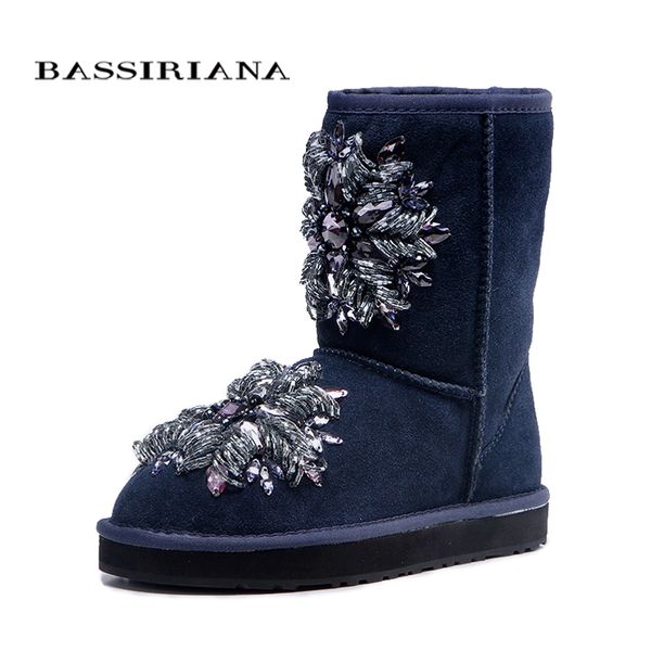 

bassiriana - women's fashion blue sheepskin snow boots with crystal decoration shoes woman ing, Black