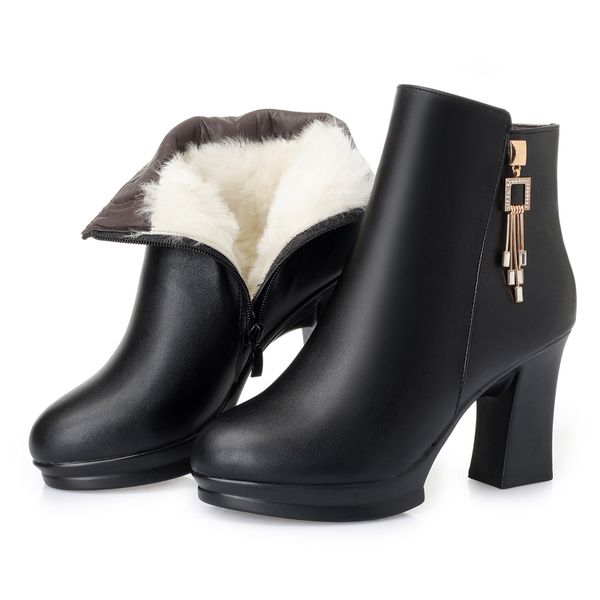 

gktinoo new fashion warm winter shoes woman leather boots women platform boots thick high heels ankle wool snow, Black