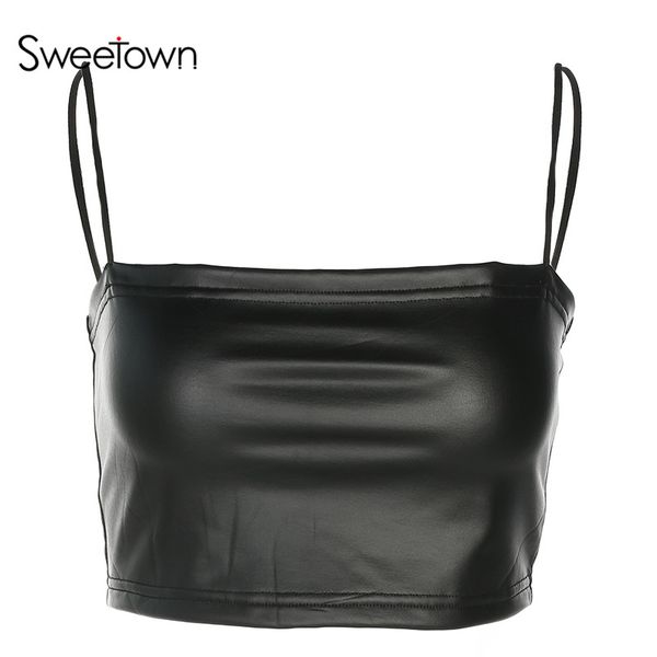 

sweetown women black crop 2018 lingerie camis clothes china fashion solid fitness streetwear leather crop, White