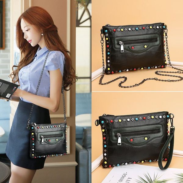 

2018 sheepskin leather handbag women fashion rivet shoulder bag manufacturer purse fashionable clutch designer female bags