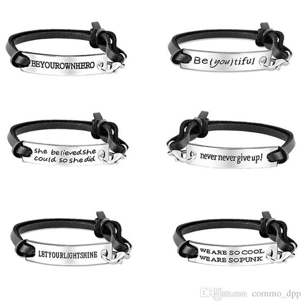 

6 style inspirational word charms bracelets mens black leather braided rope bracelet simple lettering bangle fashion jewelry gifts kka1739, Golden;silver