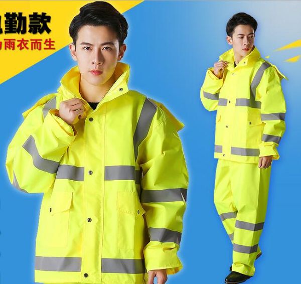 

2sets wholesale can print logo outdoor electric fission male glance fluorescent yellow raincoat traffic duty raincoat