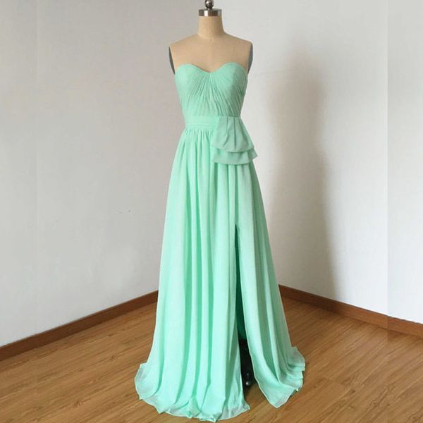 Mintgrünes Brautjungfernkleid, Kleid der Trauzeugin, herzförmiger, ärmelloser, geraffter Chiffon-Hochzeitskleid mit Schlitz