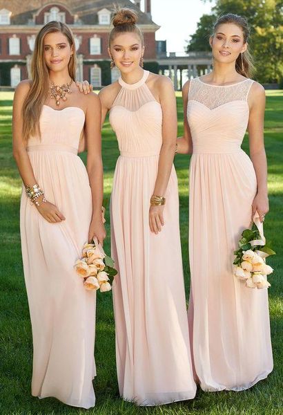 2018 novos vestidos de dama de honra Champagne longo Chiffon incluir um querido B Halter C Bateau Decote Design de amostra Preço Barato US 100