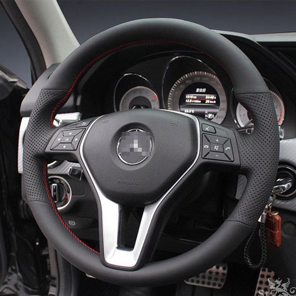 

for benz glk300 diy hand sewing steering wheel cover black leather red thread