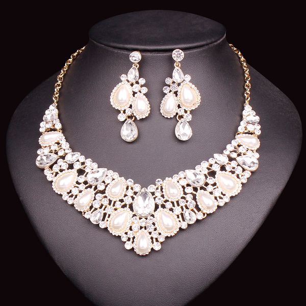 

imitation pearl jewelry sets for brides wedding party costume jewellery bridal necklace earring set for brides bridesmaid, Silver