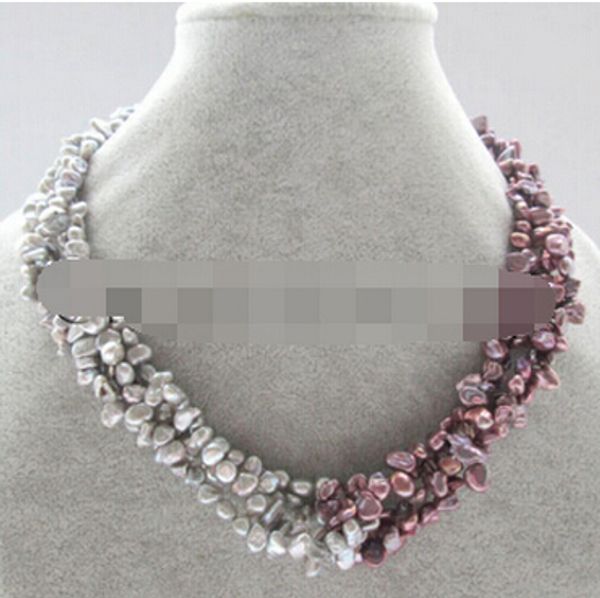 

gt; 17"4row 8mm natural gray wine red reborn keshi baroque freshwater pearl necklace, Silver