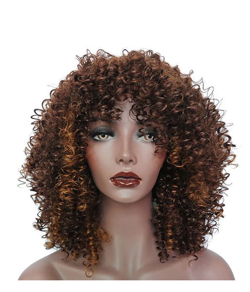 Ombre curly curly perucas para mulheres negras marrom sintético peruca afro com franja cabelo natural inteiro resistente ao calor