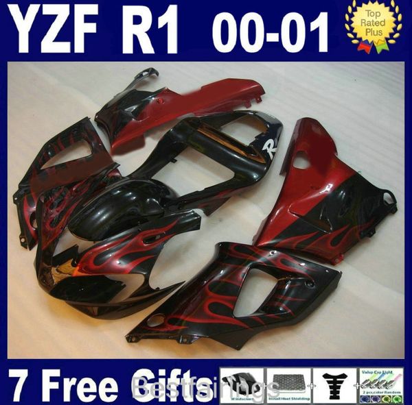 Kit carena personalizzato gratuito per YAMAHA R1 2000 2001 fiamme rosse in carene nere YZF R1 00 01 Lo89