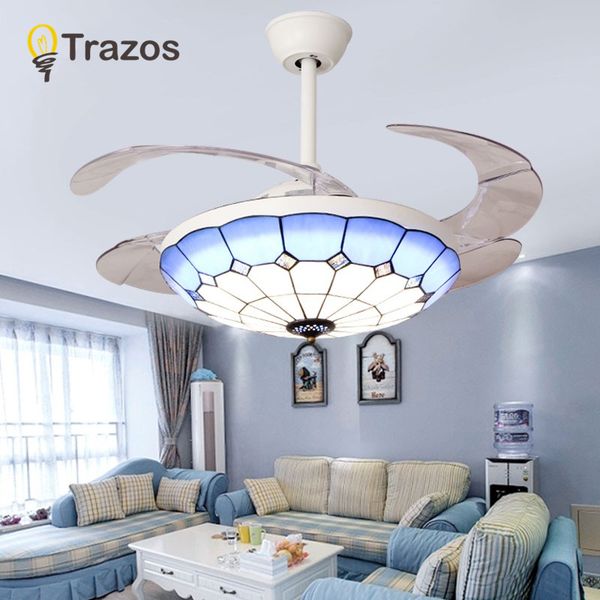 2019 Trazos Nordic Tiffany Ceiling Fan With Lights Blue Folding