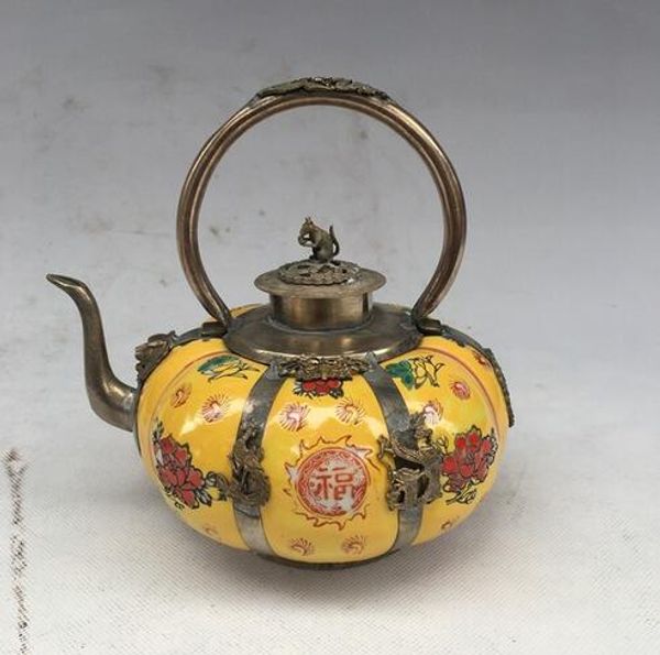 Античный QingDynasty ручной работы серебряный фарфоровый горшок,изысканная резьба,ручная роспись ремесел,лучшая коллекция украшений