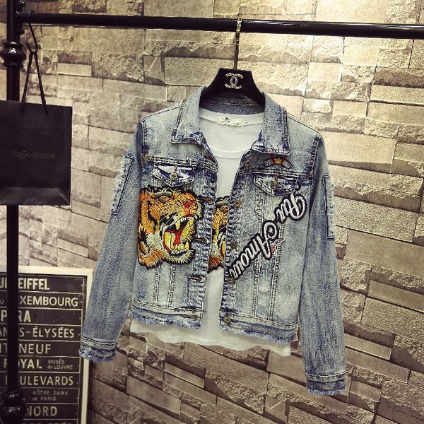 

2018 new fasion autumn women denim jacket coat tiger cock embroidered appliques cowboy coat female long sleeve jeans jacket, Black;brown
