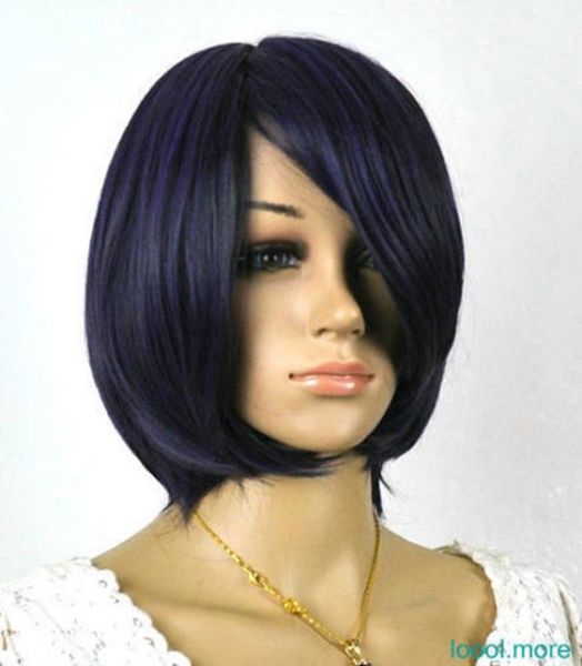 

gt;>> new dark blue black short straight anime cosplay synthetic wig, Black;brown
