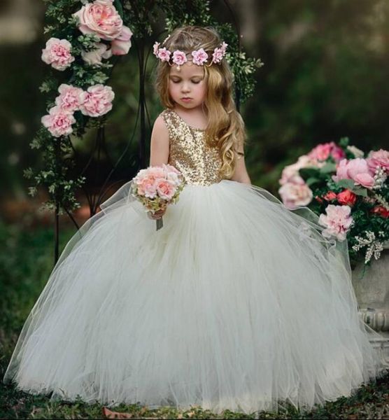 

princess flower girls dresses gold sequined crew neck sleeveless puffy tulle floor length flowergirl dress for wedding party formal gown, White;blue