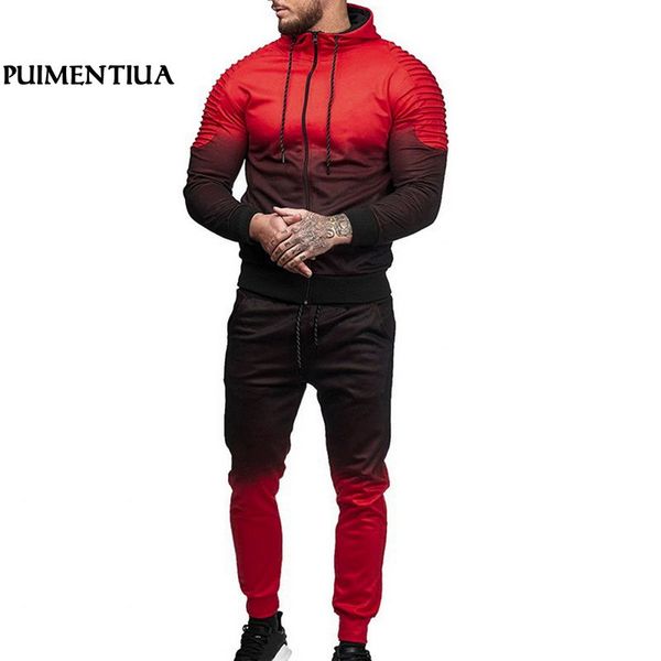 

puimentiua autumn patchwork men suits zipper long sleeve sportswear tracksuit hoodie two pieces set drawstring chandal hombre, Gray
