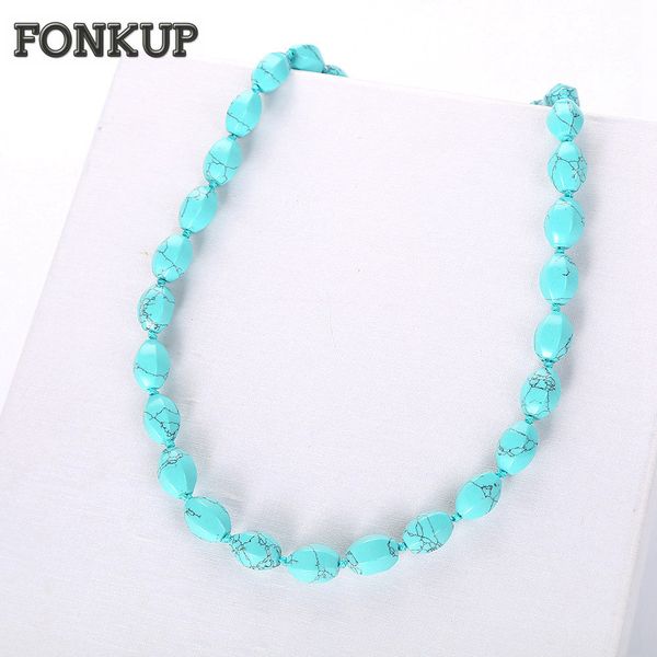 

forkup women short necklaces natural turquoise bead chain ethnic female jewelry engagement accessories geometric rolo chain yoga, Silver