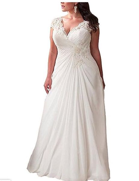 

women's elegant applique lace wedding dress back lace up v neck plus size beach bridal gowns, White