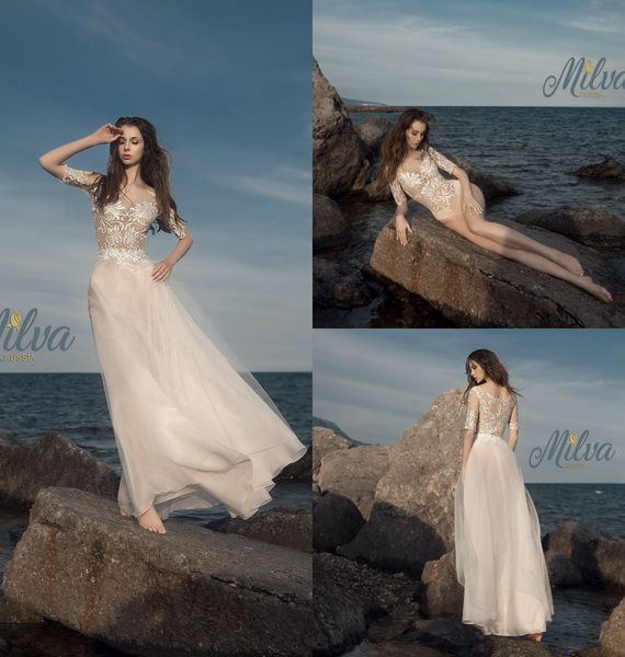 

съемные пастели свадебные платья красочные светло-розовый линия 1/2 рукава бато sheer шеи свадебные платья длиной до пола свадебное платье, White