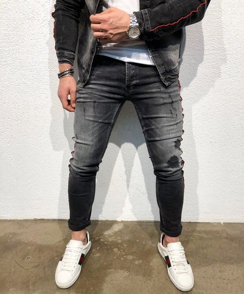 

High Street Mens Washed Jeans New Pencil Denim Pants for Male Free Shipping Ripped Motor Pants