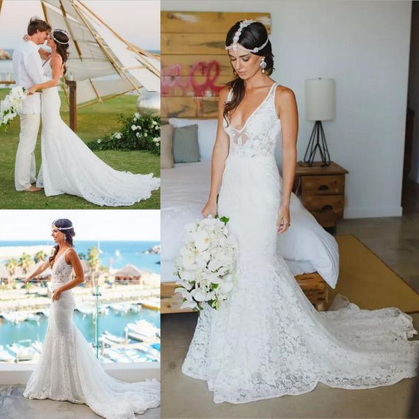 Acheter Style Champêtre Gaine En Dentelle Robes De Mariée 2019 Col En V Plage Boho Robes De Mariée Sirène Dos Nu Extérieure Robes De Mariée Robe De