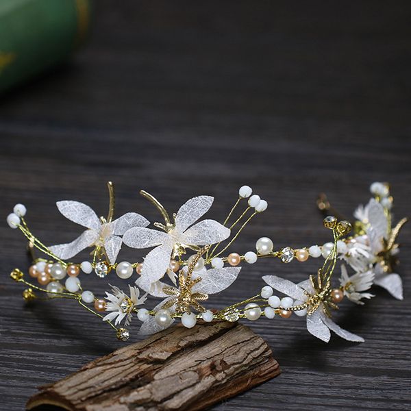 

handmade pearl pageant dragonfly crown headband crystal bridal tiara hairband for women wedding hair jewelry accessories, Golden;white