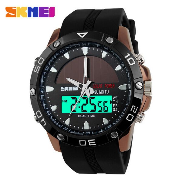 

watches men waterproof solar power sports casual watch man men's wristwatches 2 time zone digital quartz led clock men, Slivery;brown
