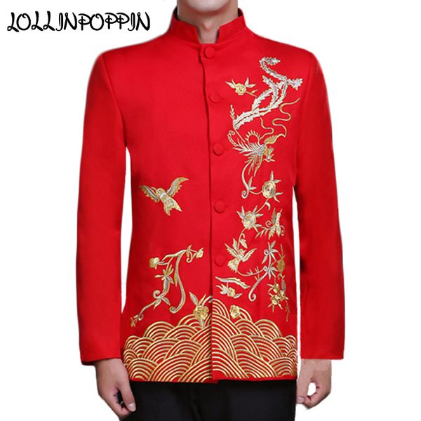 

chinese traditional phoenix embroidery mens wedding suit jacket mandarin collar propitious clouds men red bridegroom jacket, White;black