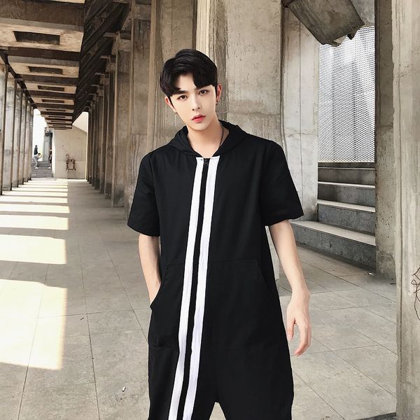 

2018 new men clothing hair stylist fashion catwalk summer caps short sleeved pants jumpsuit overalls costumes, Black