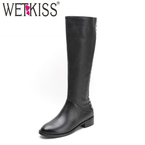 

wetkiss thick heels women knee high boots zip round toe footwear rivet leather female boot riding shoes woman winter 2018 new, Black