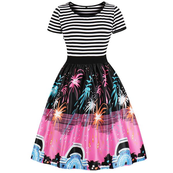 

kenancy fireworks print women dress halloween stripe patchwork vintage party dress short sleeve o-neck dresses femme vestidos, White;black