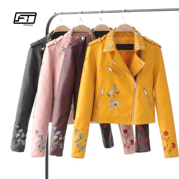 

fitaylor autumn biker jacket women embroidered bomber faux leather jacket floral print pink black motorcycle leather