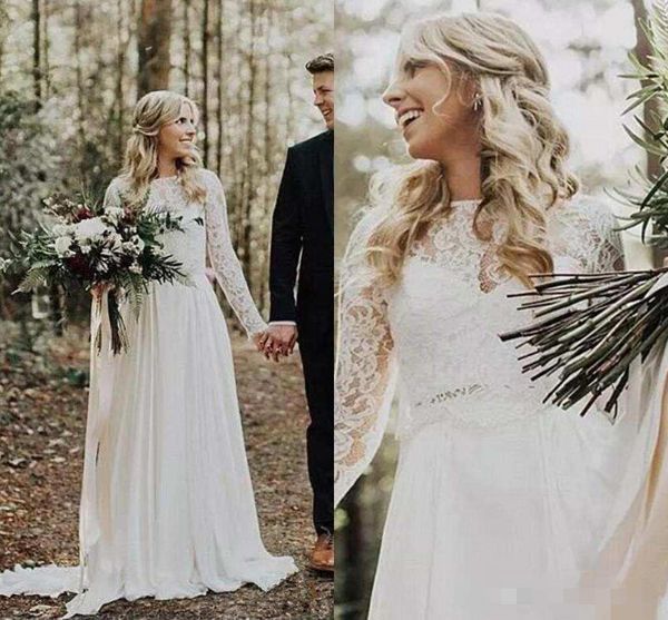 

2018 Vintage Spring Country Wedding Dresses Bridal Gowns Chiffon Garden Bohemian Illusion Lace Backless Long Sleeves Bridal Gowns