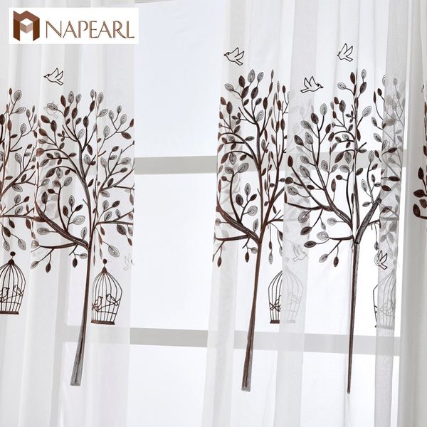 

embroidered tulle linen curtains white modern window drapes voile brown tree design bedroom kid room kitchen short curtain door