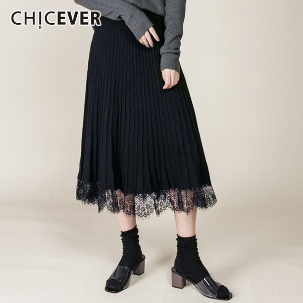 

chicever patchwork lace skirts for women high waist knitting black pleated skirt autumn korean fashion tide 2018 new