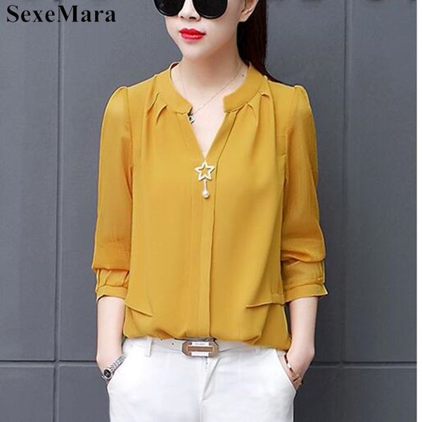 

la maxpa 2018 fashion spring autumn women blouse long sleeves loose v neck girl casual chiffon blouse shirts causal office, White