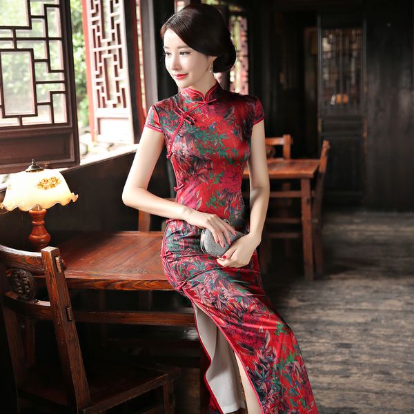 

new women print flower chinese style party dress vintage mandarin collar cheongsam lady handmade button qipao size -3xl, Red